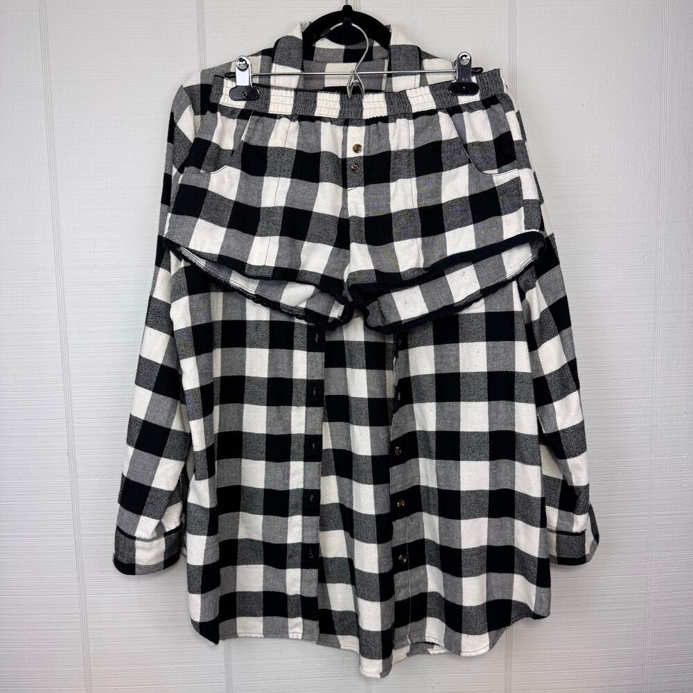 Free Press Black White Gingham Shorts Oversized Button Up Shirt Pajama Set Sleep